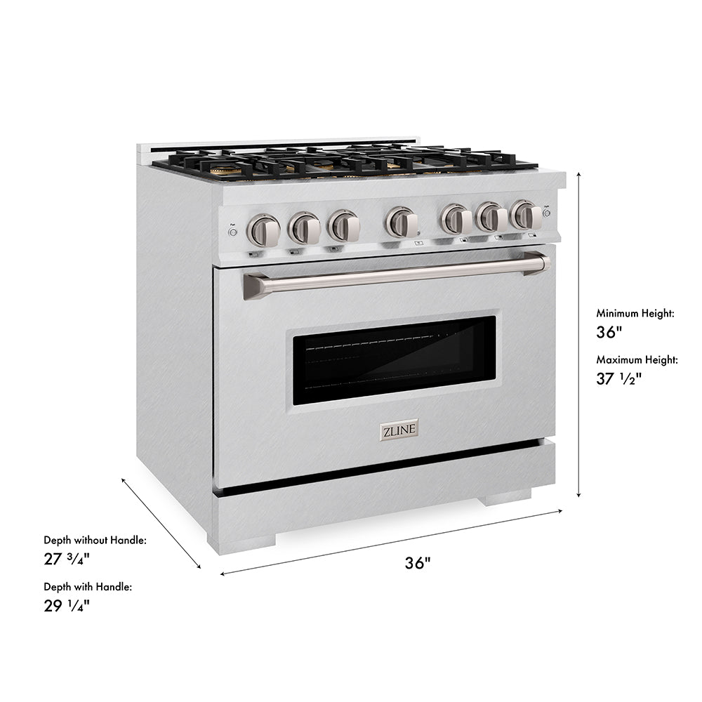 ZLINE 36 in. 5.2 cu. ft. Classic Dual Fuel Range with 6 Burner DuoPro™ Cooktop and Electric Convection Oven in Satin Stainless Steel (PCDRS-36) dimensional diagram.