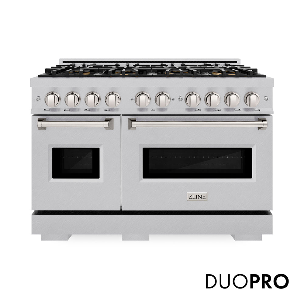 ZLINE 48 in. 6.7 cu. ft. Classic Dual Fuel Range with 8 Burner DuoPro™ Cooktop and Dual Ovens in Satin Stainless Steel (PCDRS-48) front, with DuoPro™ logo.