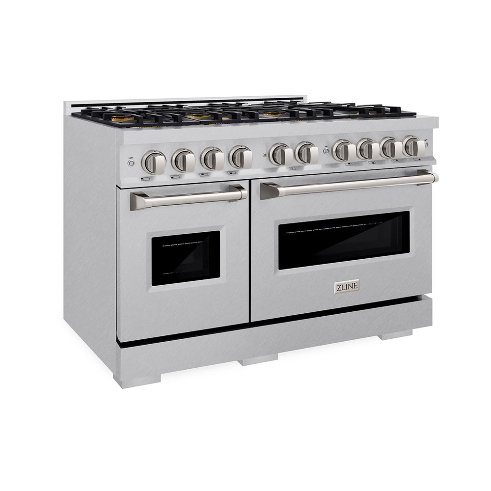 ZLINE 48 in. 6.7 cu. ft. Classic Dual Fuel Range with 8 Burner DuoPro™ Cooktop and Dual Ovens in Satin Stainless Steel (PCDRS-48) side.