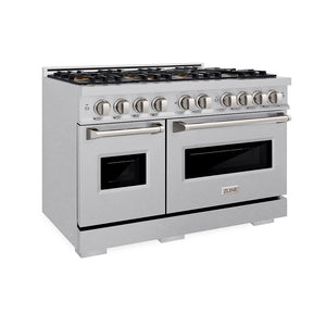ZLINE 48 in. 6.7 cu. ft. Classic Dual Fuel Range with 8 Burner DuoPro™ Cooktop and Dual Ovens in Satin Stainless Steel (PCDRS-48) side.