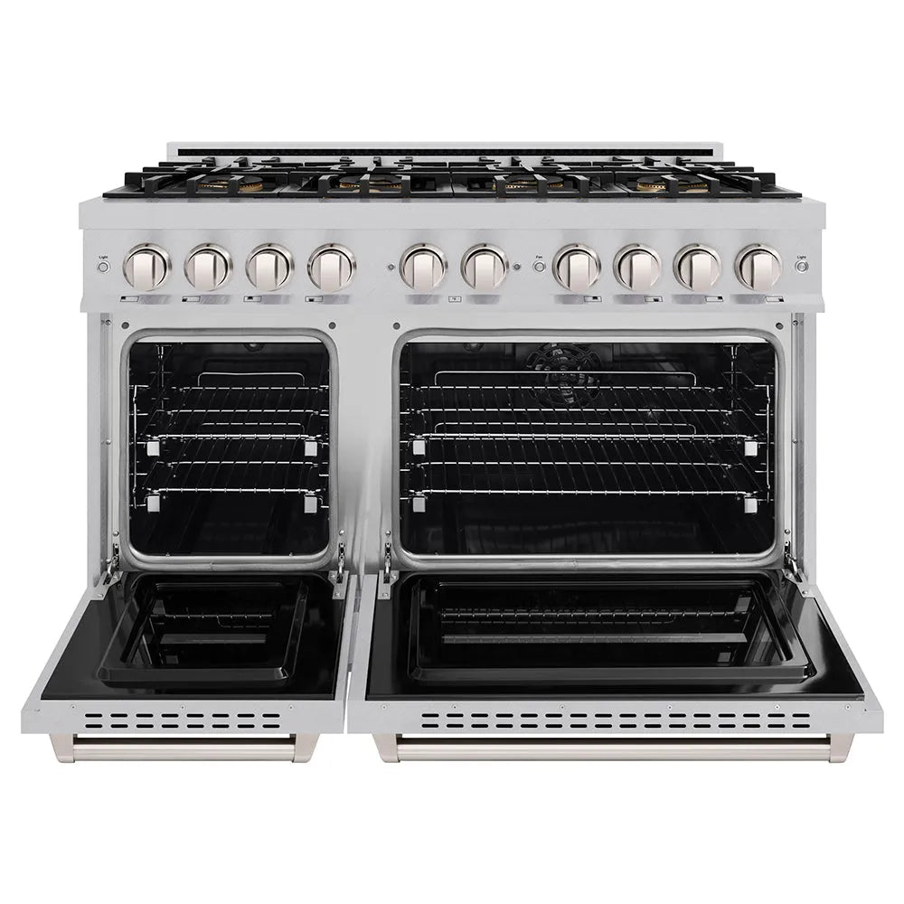 ZLINE 48 in. 6.7 cu. ft. Classic Dual Fuel Range with 8 Burner DuoPro™ Cooktop and Dual Ovens in Satin Stainless Steel (PCDRS-48) front, oven open.