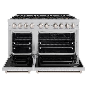 ZLINE 48 in. 6.7 cu. ft. Classic Dual Fuel Range with 8 Burner DuoPro™ Cooktop and Dual Ovens in Satin Stainless Steel (PCDRS-48) front, oven open.