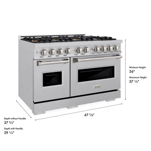 ZLINE 48 in. 6.7 cu. ft. Classic Dual Fuel Range with 8 Burner DuoPro™ Cooktop and Dual Ovens in Satin Stainless Steel (PCDRS-48) dimensional diagram.
