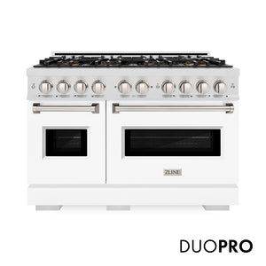 ZLINE 48 in. 6.7 cu. ft. Classic Dual Fuel Range with 8 Burner DuoPro™ Cooktop and Dual Ovens in Satin Stainless Steel with White Matte Doors (PCDRS-WM-48) front, with DuoPro™ logo.