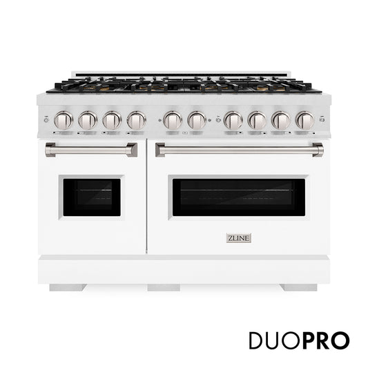 ZLINE 48 in. 6.7 cu. ft. Classic Dual Fuel Range with 8 Burner DuoPro™ Cooktop and Dual Ovens in Satin Stainless Steel with White Matte Doors (PCDRS-WM-48) front, with DuoPro™ logo.