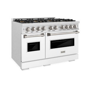 ZLINE 48 in. 6.7 cu. ft. Classic Dual Fuel Range with 8 Burner DuoPro™ Cooktop and Dual Ovens in Satin Stainless Steel with White Matte Doors (PCDRS-WM-48) side.