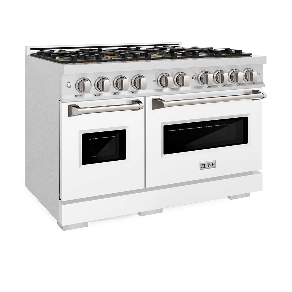 ZLINE 48 in. 6.7 cu. ft. Classic Dual Fuel Range with 8 Burner DuoPro™ Cooktop and Dual Ovens in Satin Stainless Steel with White Matte Doors (PCDRS-WM-48) side, oven closed.
