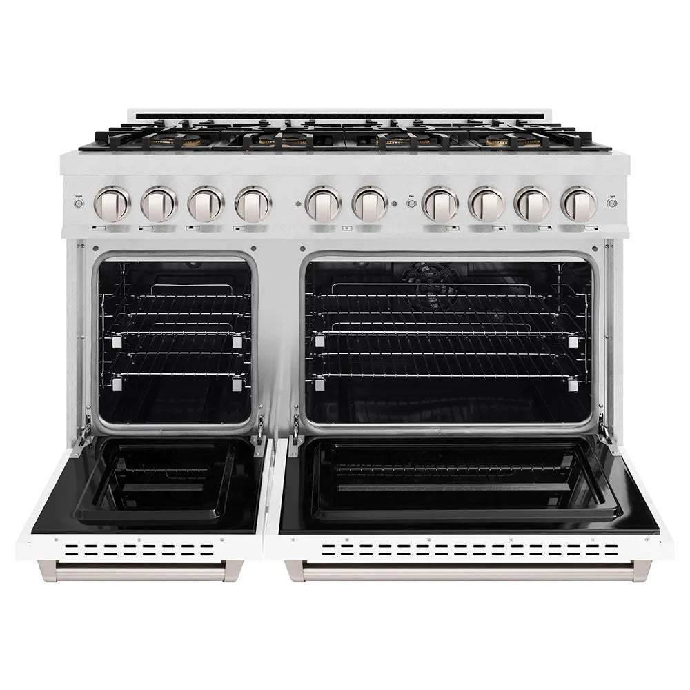 ZLINE 48 in. 6.7 cu. ft. Classic Dual Fuel Range with 8 Burner DuoPro™ Cooktop and Dual Ovens in Satin Stainless Steel with White Matte Doors (PCDRS-WM-48) front, oven open.
