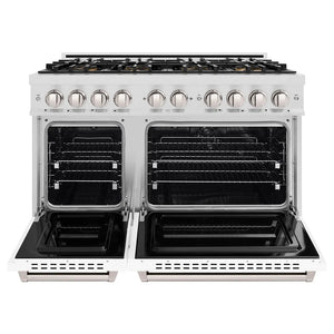 ZLINE 48 in. 6.7 cu. ft. Classic Dual Fuel Range with 8 Burner DuoPro™ Cooktop and Dual Ovens in Satin Stainless Steel with White Matte Doors (PCDRS-WM-48) front, oven open.