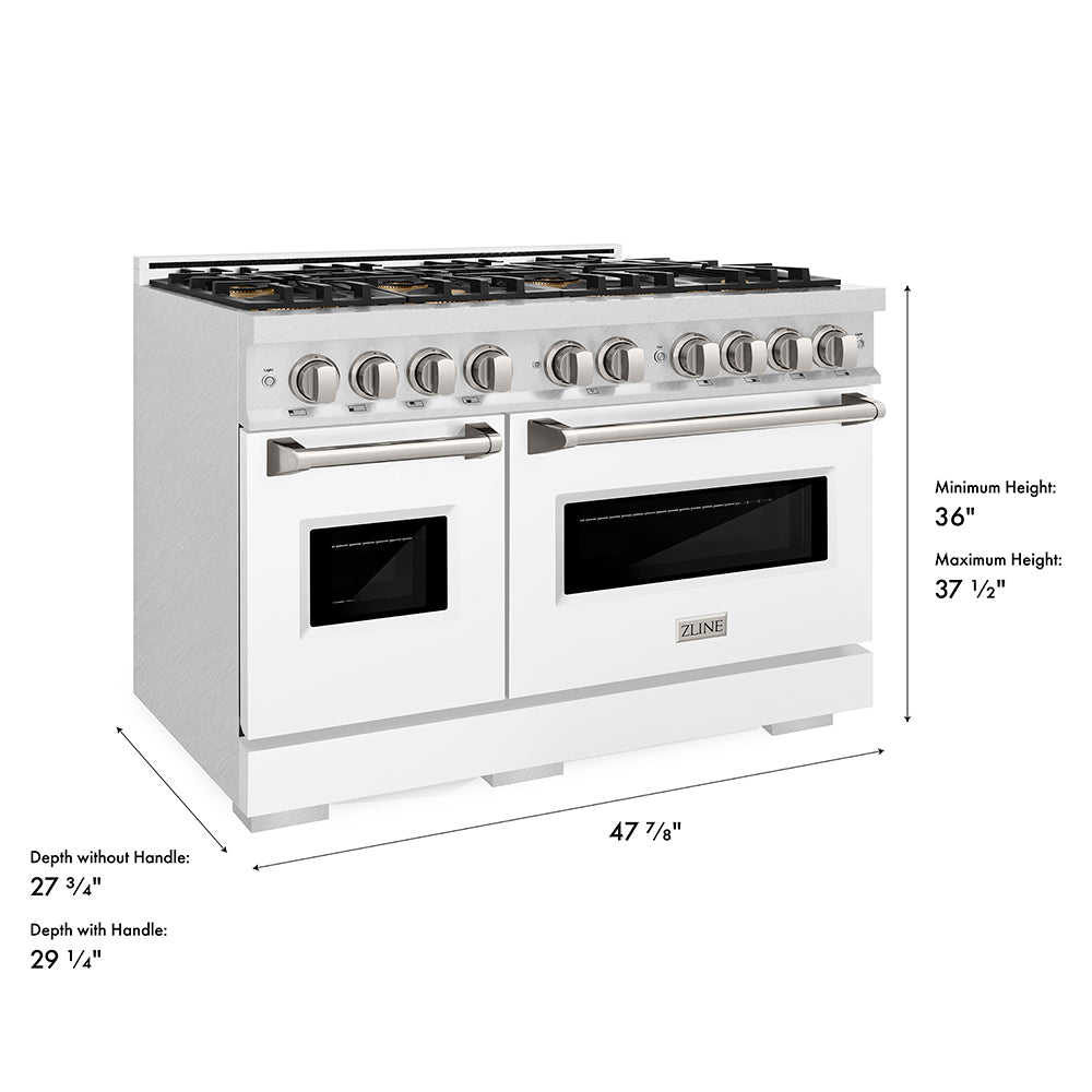 ZLINE 48 in. 6.7 cu. ft. Classic Dual Fuel Range with 8 Burner DuoPro™ Cooktop and Dual Ovens in Satin Stainless Steel with White Matte Doors (PCDRS-WM-48) dimensional diagram.