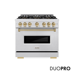 ZLINE Autograph Edition 36 in. 5.2 cu. ft. Classic Dual Fuel Range with 6 Burner DuoPro™ Cooktop and Electric Convection Oven in Satin Stainless Steel and Champagne Bronze Accents (PCDRSZ-36-CB) front, with DuoPro™ logo.