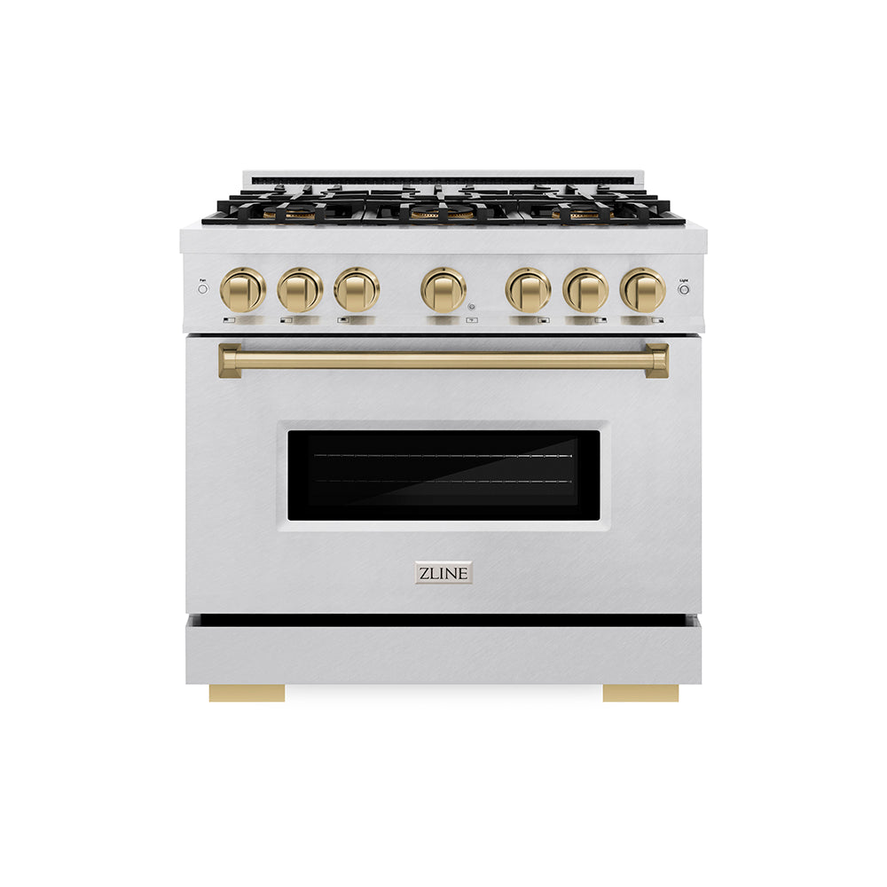 ZLINE Autograph Edition 36 in. 5.2 cu. ft. Classic Dual Fuel Range with 6 Burner DuoPro™ Cooktop and Electric Convection Oven in Satin Stainless Steel and Champagne Bronze Accents (PCDRSZ-36-CB) front.