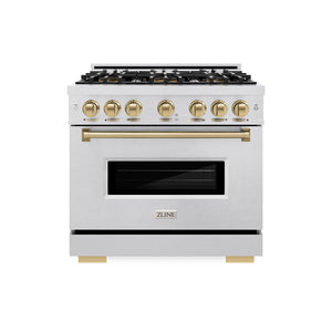ZLINE Autograph Edition 36 in. 5.2 cu. ft. Classic Dual Fuel Range with 6 Burner DuoPro™ Cooktop and Electric Convection Oven in Satin Stainless Steel and Champagne Bronze Accents (PCDRSZ-36-CB) front.