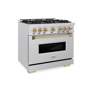ZLINE Autograph Edition 36 in. 5.2 cu. ft. Classic Dual Fuel Range with 6 Burner DuoPro™ Cooktop and Electric Convection Oven in Satin Stainless Steel and Champagne Bronze Accents (PCDRSZ-36-CB) side.