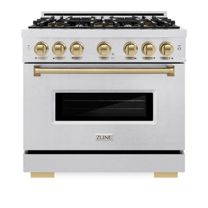 ZLINE Autograph Edition 36 in. 5.2 cu. ft. Classic Dual Fuel Range with 6 Burner DuoPro™ Cooktop and Electric Convection Oven in Satin Stainless Steel and Champagne Bronze Accents (PCDRSZ-36-CB) front, oven closed.