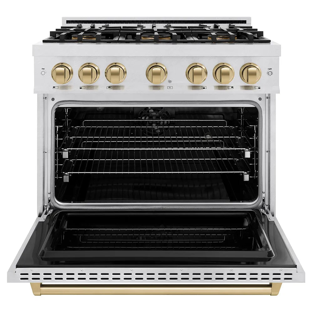 ZLINE Autograph Edition 36 in. 5.2 cu. ft. Classic Dual Fuel Range with 6 Burner DuoPro™ Cooktop and Electric Convection Oven in Satin Stainless Steel and Champagne Bronze Accents (PCDRSZ-36-CB) front, oven open.