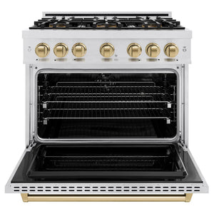ZLINE Autograph Edition 36 in. 5.2 cu. ft. Classic Dual Fuel Range with 6 Burner DuoPro™ Cooktop and Electric Convection Oven in Satin Stainless Steel and Champagne Bronze Accents (PCDRSZ-36-CB) front, oven open.