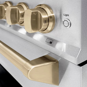 ZLINE Autograph Edition 36 in. 5.2 cu. ft. Classic Dual Fuel Range with 6 Burner DuoPro™ Cooktop and Electric Convection Oven in Satin Stainless Steel and Champagne Bronze Accents (PCDRSZ-36-CB) cooktop and oven knobs.