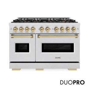 ZLINE Autograph Edition 48 in. 6.7 cu. ft. Classic Dual Fuel Range with 8 Burner DuoPro™ Cooktop and Dual Ovens in Satin Stainless Steel and Champagne Bronze Accents (PCDRSZ-48-CB) main image.