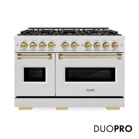 ZLINE Autograph Edition 48 in. 6.7 cu. ft. Classic Dual Fuel Range with 8 Burner DuoPro™ Cooktop and Dual Ovens in Satin Stainless Steel and Champagne Bronze Accents (PCDRSZ-48-CB) front, with DuoPro™ logo.