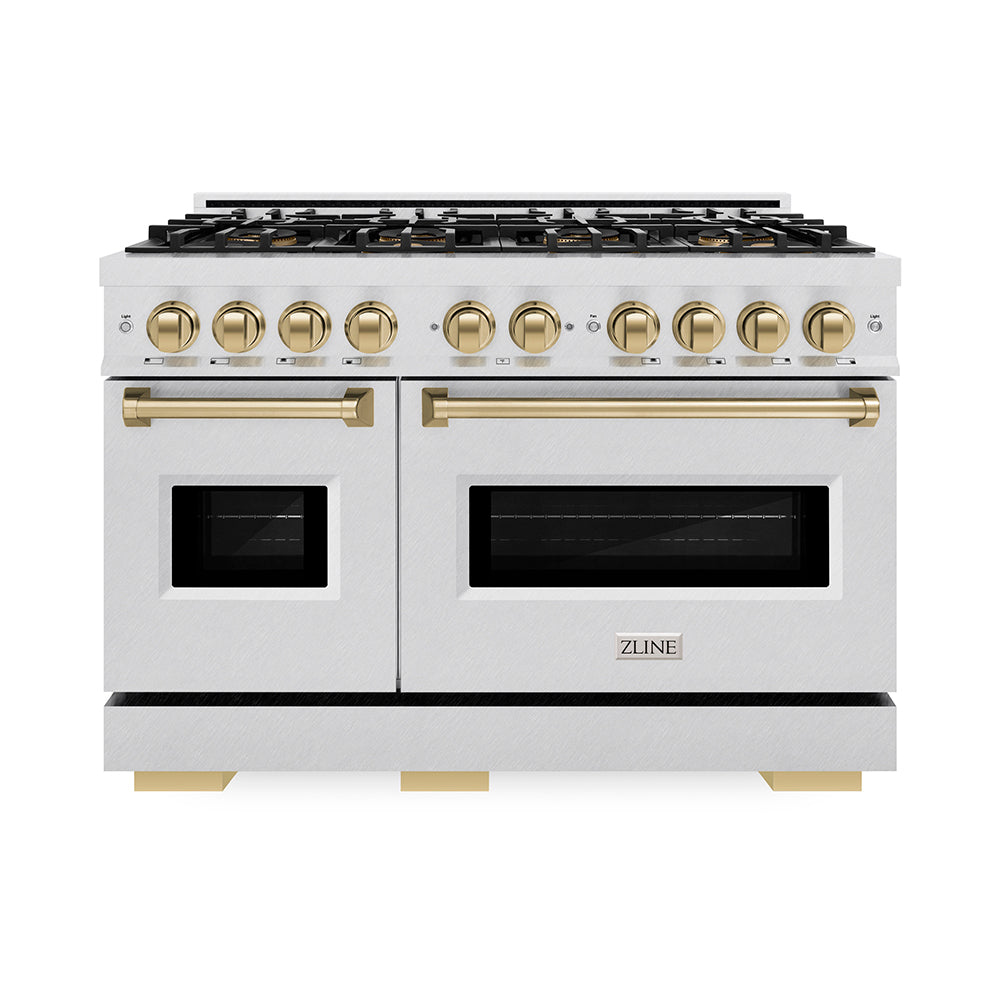 ZLINE Autograph Edition 48 in. 6.7 cu. ft. Classic Dual Fuel Range with 8 Burner DuoPro™ Cooktop and Dual Ovens in Satin Stainless Steel and Champagne Bronze Accents (PCDRSZ-48-CB) front.