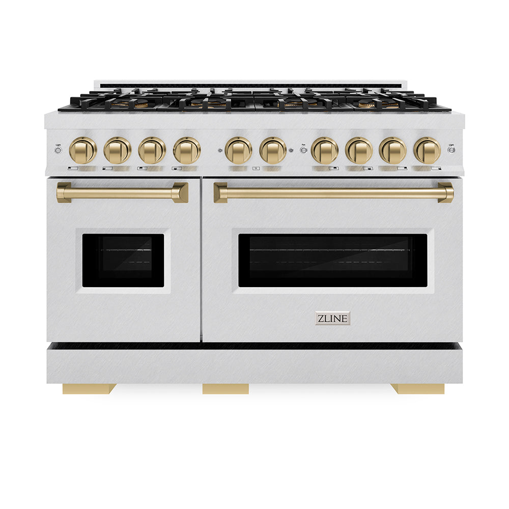 ZLINE Autograph Edition 48 in. 6.7 cu. ft. Classic Dual Fuel Range with 8 Burner DuoPro™ Cooktop and Dual Ovens in Satin Stainless Steel and Champagne Bronze Accents (PCDRSZ-48-CB) front, oven closed.