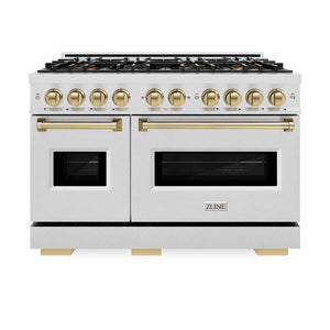 ZLINE Autograph Edition 48 in. 6.7 cu. ft. Classic Dual Fuel Range with 8 Burner DuoPro™ Cooktop and Dual Ovens in Satin Stainless Steel and Champagne Bronze Accents (PCDRSZ-48-CB) front, oven closed.
