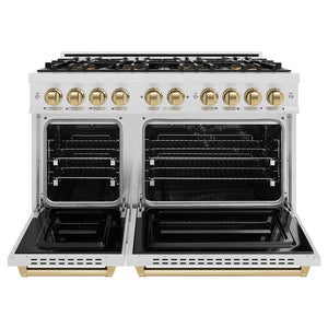 ZLINE Autograph Edition 48 in. 6.7 cu. ft. Classic Dual Fuel Range with 8 Burner DuoPro™ Cooktop and Dual Ovens in Satin Stainless Steel and Champagne Bronze Accents (PCDRSZ-48-CB) front, oven open.