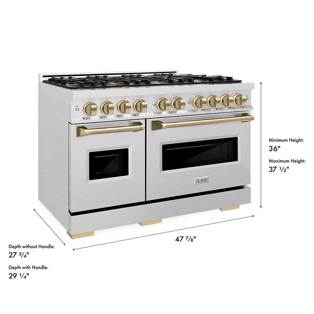 ZLINE Autograph Edition 48 in. 6.7 cu. ft. Classic Dual Fuel Range with 8 Burner DuoPro™ Cooktop and Dual Ovens in Satin Stainless Steel and Champagne Bronze Accents (PCDRSZ-48-CB) dimensional diagram.