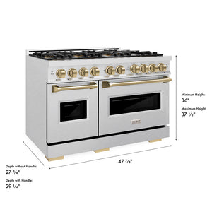 ZLINE Autograph Edition 48 in. 6.7 cu. ft. Classic Dual Fuel Range with 8 Burner DuoPro™ Cooktop and Dual Ovens in Satin Stainless Steel and Champagne Bronze Accents (PCDRSZ-48-CB) dimensional diagram.