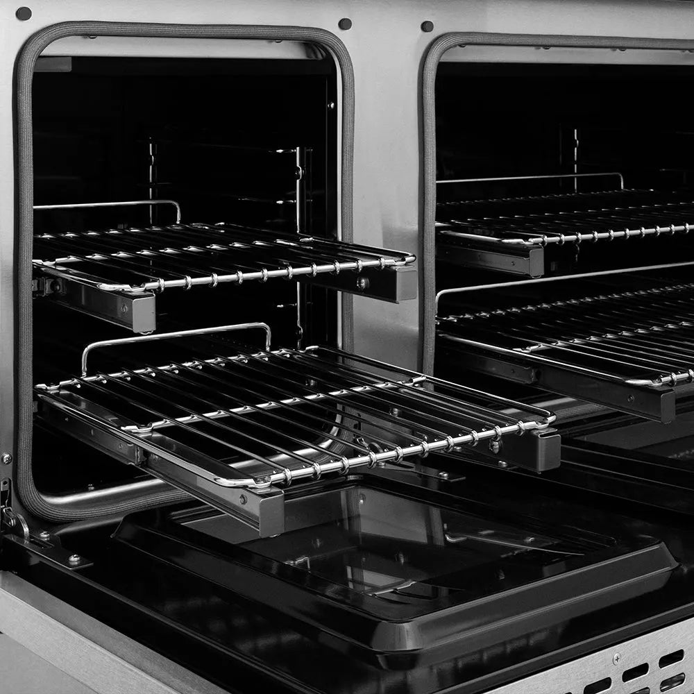 ZLINE Autograph Edition 48 in. 6.7 cu. ft. Classic Dual Fuel Range with 8 Burner DuoPro™ Cooktop and Dual Ovens in Satin Stainless Steel and Champagne Bronze Accents (PCDRSZ-48-CB) open oven with racks inside, showing interior design and layout.