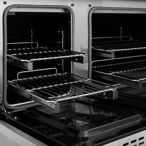 ZLINE Autograph Edition 48 in. 6.7 cu. ft. Classic Dual Fuel Range with 8 Burner DuoPro™ Cooktop and Dual Ovens in Satin Stainless Steel and Champagne Bronze Accents (PCDRSZ-48-CB) open oven with racks inside, showing interior design and layout.