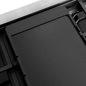 ZLINE Autograph Edition 48 in. 6.7 cu. ft. Classic Dual Fuel Range with 8 Burner DuoPro™ Cooktop and Dual Ovens in Satin Stainless Steel and Champagne Bronze Accents (PCDRSZ-48-CB) reversible griddle flat side.