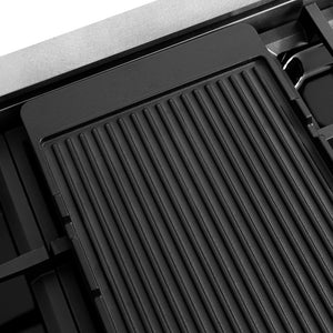 ZLINE Autograph Edition 48 in. 6.7 cu. ft. Classic Dual Fuel Range with 8 Burner DuoPro™ Cooktop and Dual Ovens in Satin Stainless Steel and Champagne Bronze Accents (PCDRSZ-48-CB) reversible griddle ribbed side.