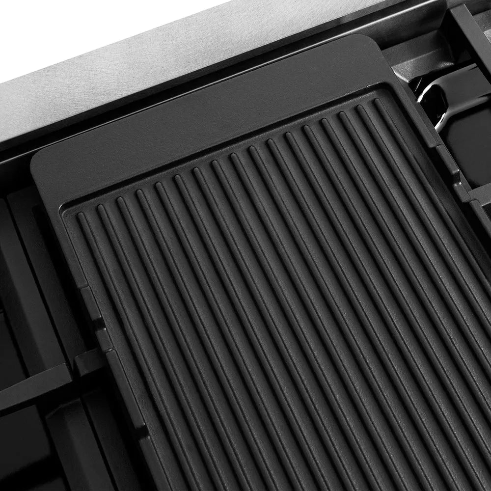 ZLINE Autograph Edition 48 in. 6.7 cu. ft. Classic Dual Fuel Range with 8 Burner DuoPro™ Cooktop and Dual Ovens in Satin Stainless Steel and Champagne Bronze Accents (PCDRSZ-48-CB) reversible griddle ribbed side.