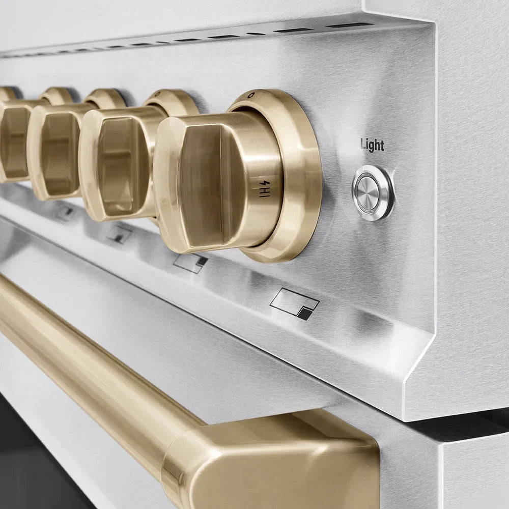 ZLINE Autograph Edition 48 in. 6.7 cu. ft. Classic Dual Fuel Range with 8 Burner DuoPro™ Cooktop and Dual Ovens in Satin Stainless Steel and Champagne Bronze Accents (PCDRSZ-48-CB) cooktop and oven knobs.