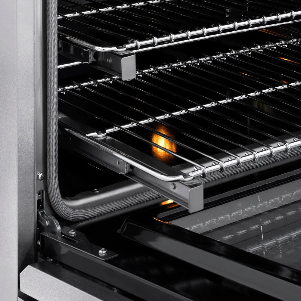 ZLINE Autograph Edition 48 in. 6.7 cu. ft. Classic Dual Fuel Range with 8 Burner DuoPro™ Cooktop and Dual Ovens in Satin Stainless Steel and Champagne Bronze Accents (PCDRSZ-48-CB) close-up, Smooth Glide oven racks.