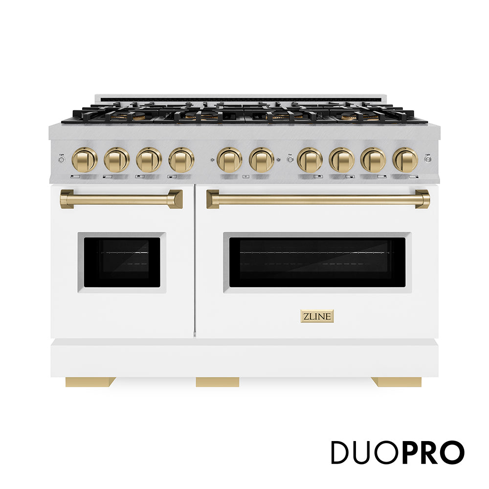 ZLINE Autograph Edition 48 in. 6.7 cu. ft. Classic Dual Fuel Range with 8 Burner DuoPro™ Cooktop and Dual Ovens in Satin Stainless Steel with White Matte Doors and Champagne Bronze Accents (PCDRSZ-WM-48-CB) front, with DuoPro™ logo.