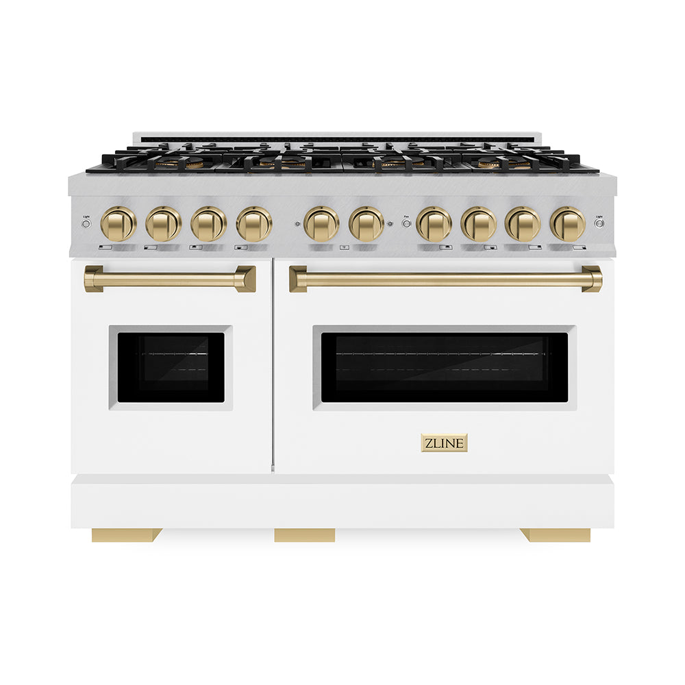 ZLINE Autograph Edition 48 in. 6.7 cu. ft. Classic Dual Fuel Range with 8 Burner DuoPro™ Cooktop and Dual Ovens in Satin Stainless Steel with White Matte Doors and Champagne Bronze Accents (PCDRSZ-WM-48-CB) front.