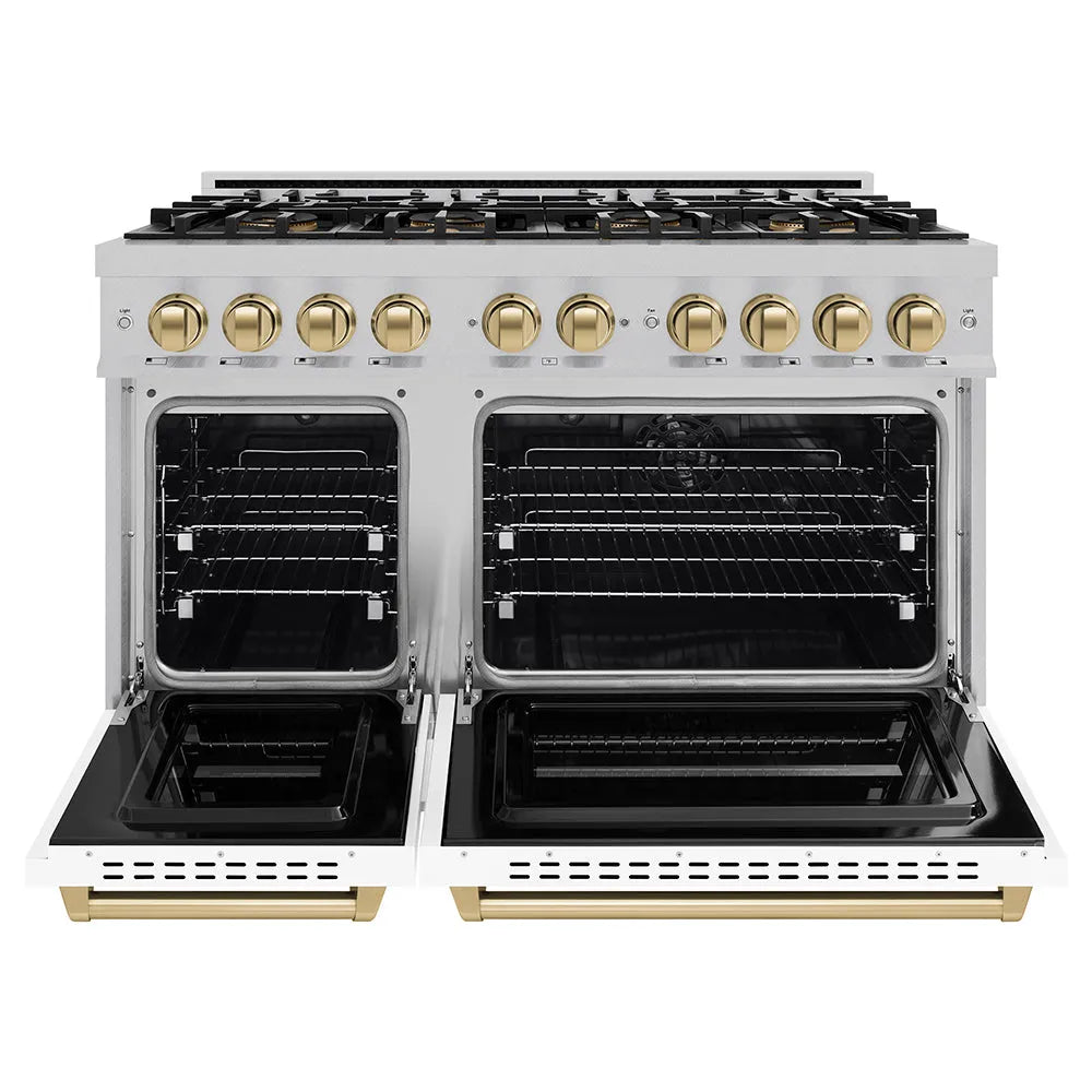 ZLINE Autograph Edition 48 in. 6.7 cu. ft. Classic Dual Fuel Range with 8 Burner DuoPro™ Cooktop and Dual Ovens in Satin Stainless Steel with White Matte Doors and Champagne Bronze Accents (PCDRSZ-WM-48-CB) front, oven open.