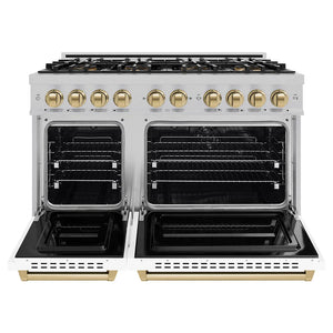 ZLINE Autograph Edition 48 in. 6.7 cu. ft. Classic Dual Fuel Range with 8 Burner DuoPro™ Cooktop and Dual Ovens in Satin Stainless Steel with White Matte Doors and Champagne Bronze Accents (PCDRSZ-WM-48-CB) front, oven open.