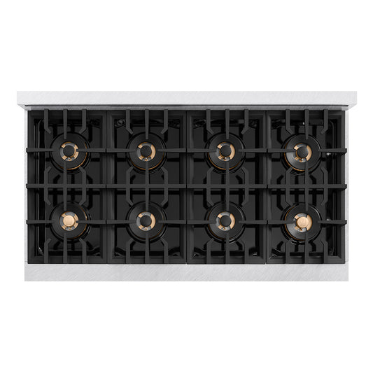 ZLINE Autograph Edition 48 in. 6.7 cu. ft. Classic Dual Fuel Range with 8 Burner DuoPro™ Cooktop and Dual Ovens in Satin Stainless Steel with White Matte Doors and Champagne Bronze Accents (PCDRSZ-WM-48-CB) top-down, above cooktop.