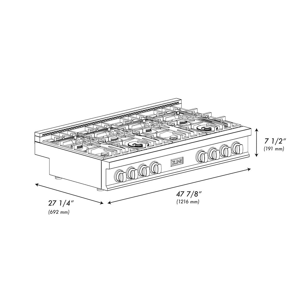 ZLINE 48 in. Classic Gas Rangetop with 8 Brass Burners and Porcelain Cooktop in Satin Stainless Steel (RTS-BR-48) dimensional diagram.