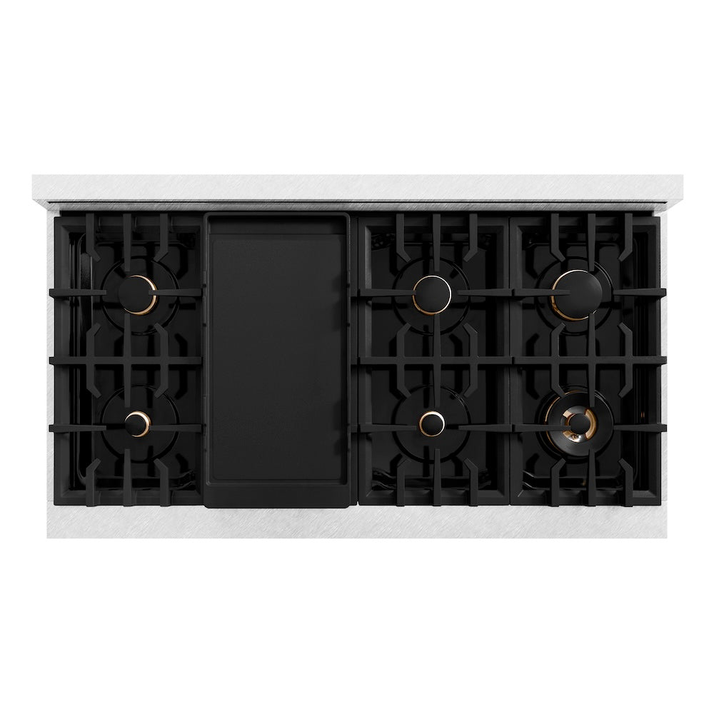 ZLINE 48 in. Classic Gas Rangetop with 8 Brass Burners and Porcelain Cooktop in Satin Stainless Steel (RTS-BR-48) top-down, above cooking surface.