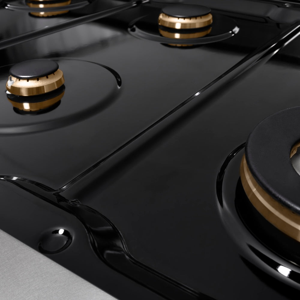 ZLINE Autograph Edition 48 in. Classic Gas Rangetop with 8 Burners and Porcelain Cooktop in Satin Stainless Steel with Champagne Bronze Accents (RTSZ-48-CB) black porcelain cooktop and burners with no grates.