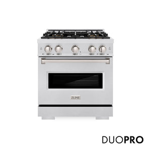 ZLINE 30 in. 4.2 cu. ft. Classic Gas Range with 4 Burner DuoPro™ Cooktop and Convection Gas Oven in Satin Stainless Steel (PCGRS-30) front, with DuoPro™ logo.