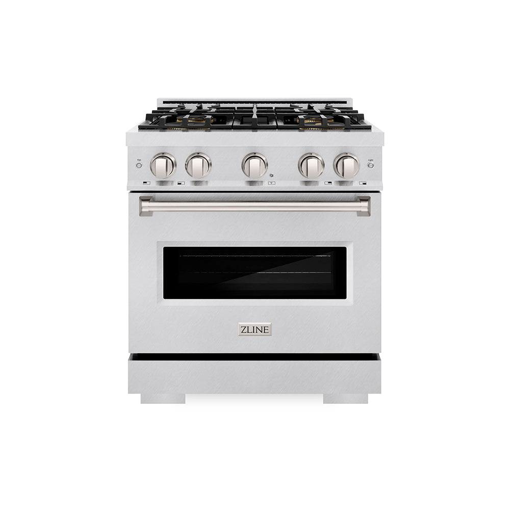ZLINE 30 in. 4.2 cu. ft. Classic Gas Range with 4 Burner DuoPro™ Cooktop and Convection Gas Oven in Satin Stainless Steel (PCGRS-30) front.