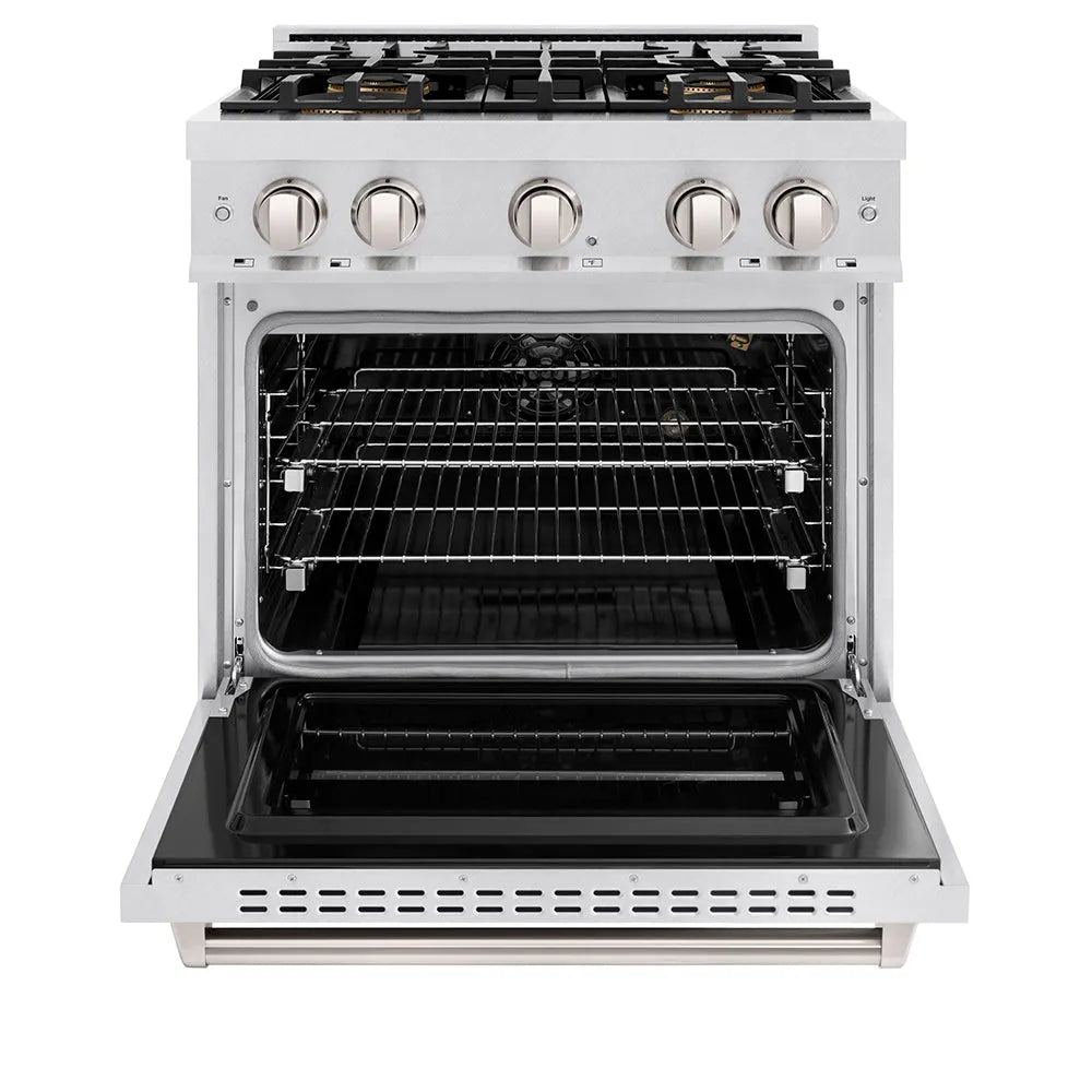 ZLINE 30 in. 4.2 cu. ft. Classic Gas Range with 4 Burner DuoPro™ Cooktop and Convection Gas Oven in Satin Stainless Steel (PCGRS-30) front, oven open.