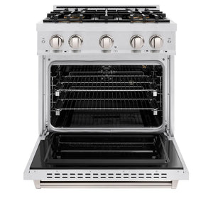 ZLINE 30 in. 4.2 cu. ft. Classic Gas Range with 4 Burner DuoPro™ Cooktop and Convection Gas Oven in Satin Stainless Steel (PCGRS-30) front, oven open.