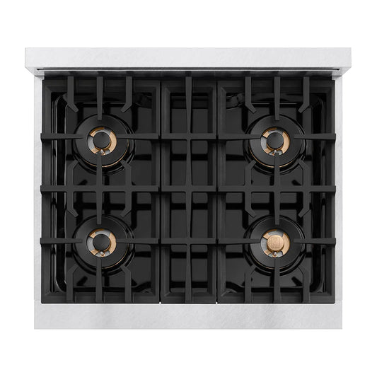 ZLINE 30 in. 4.2 cu. ft. Classic Gas Range with 4 Burner DuoPro™ Cooktop and Convection Gas Oven in Satin Stainless Steel (PCGRS-30) top-down, above cooktop.